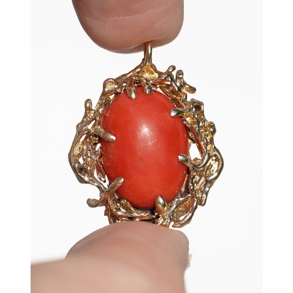 Vintage‎ 14k Solid Gold Natural Mediterranean Red Coral Pendant Branch Design